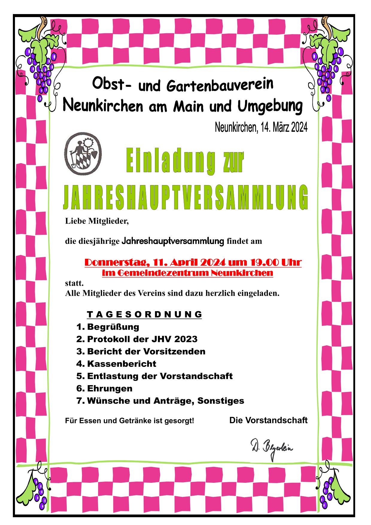 2024 Einladung zur Jahreshauptversammlung. Obst und Gartenbauverein Neunkirchen am Main und Umgebung